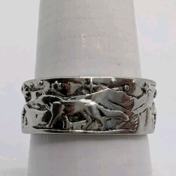 Sterling Silver 925 Nordic Wolf Wide Band Ring Size 6 - Picture 3 of 9